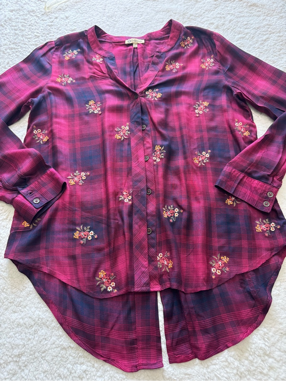 Democracy Magenta and Navy Plaid Button-Down Blouse with Embroidered Flowers